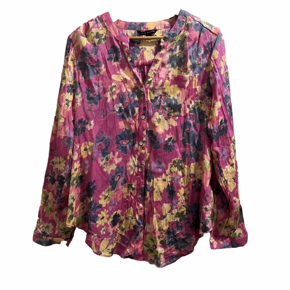 Zac & Rachel Women’s Pink Floral Blouse Size Large Shiny Long Sleeve Y2K
